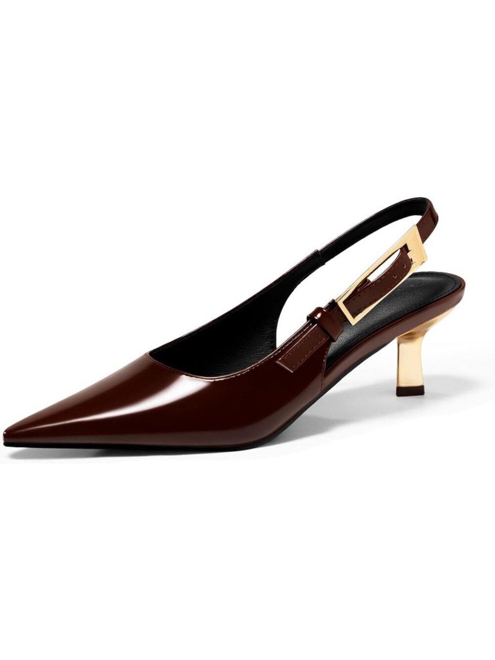 Women's Red Brown Slingback Kitten Heels Closed Pointed Toe Buckle Strap Pumps